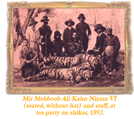 Mir Mehboob Ali Kahn Nizam VI (seated, without hat) and staff, at tea party on shikar, 1892.