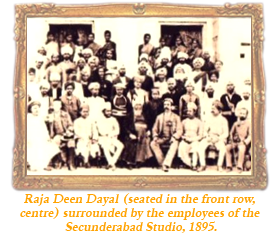 Raja Deen Dayal (seated in the front row, centre) surrounded by the employees of the Secunderabad Studio, 1895.